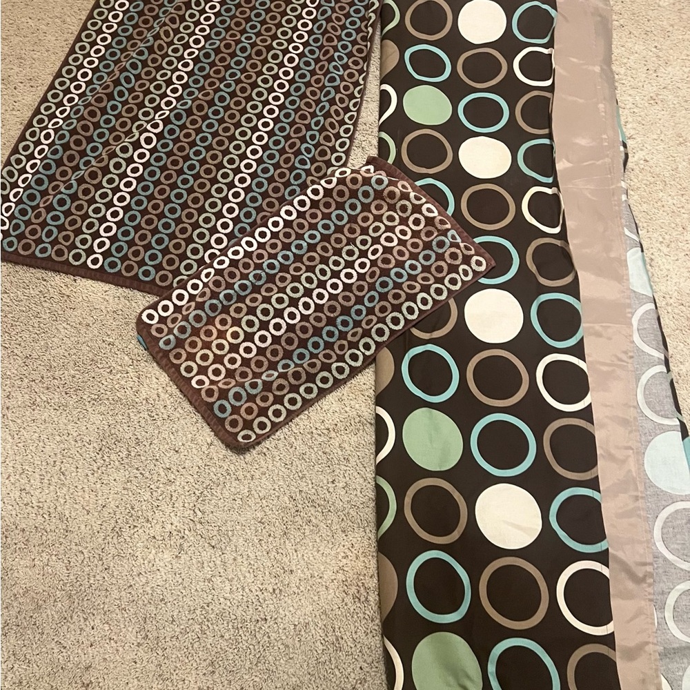 Brown and Blue Circle Pattern shower curtain and towels. 71x71 shower curtain.